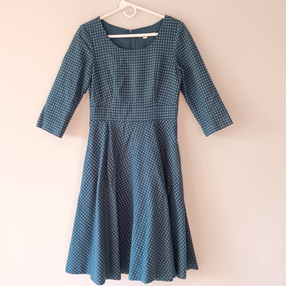 Boden Fit & Flare Dress Three Quarter Sleeve Polka Dot Aqua White Size 6 Long